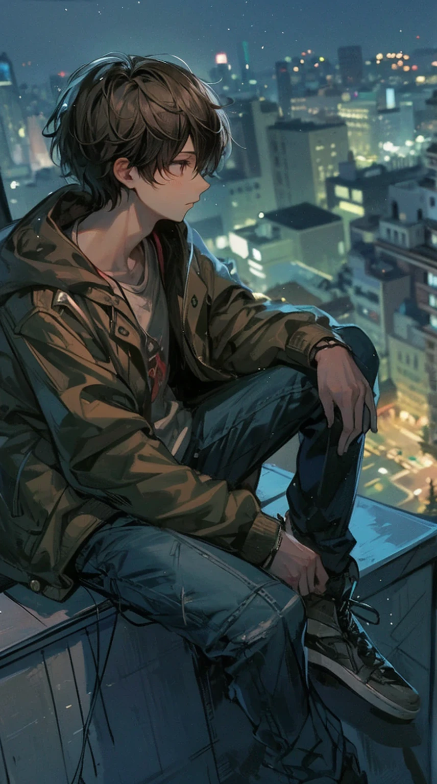 high quality, amount of drawing, pixiv illustration, A scene depicting a handsome young man gazing at the night sky from a city rooftop. He is seated on the edge of the rooftop under the starry sky, dressed casually in a jacket and denim pants. His expression is contemplative, looking off into the distance. Beside him, there’s a small notebook and pen, and he occasionally jots something down. The background showcases the city’s nightscape, with distant building lights twinkling. This scene captures a moment of solitude away from the urban bustle, portraying a young man lost in his thoughts and dreams under the night sky putting headphone 