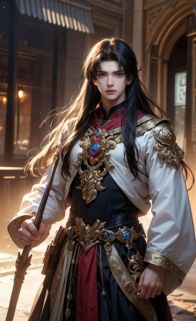 ((best quality)), ((Masterpiece)), (details), ((perfect face)), ((half body)) handsome face, man, age boy, perfect proportions , and his lover, long hair, man version , details workshop background, detailsscenery background