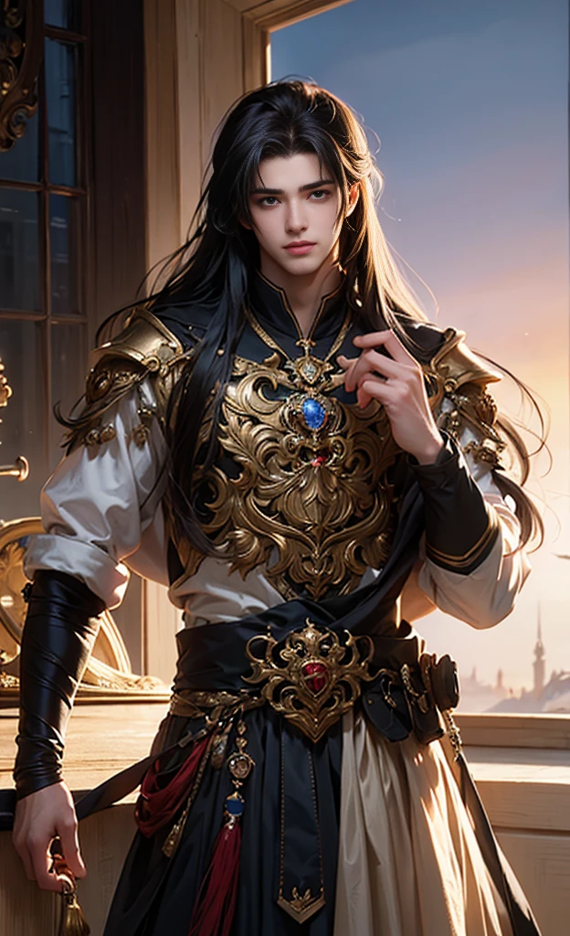((best quality)), ((Masterpiece)), (details), ((perfect face)), ((half body)) handsome face, man, age boy, perfect proportions , and his lover, long hair, man version , details workshop background, detailsscenery background