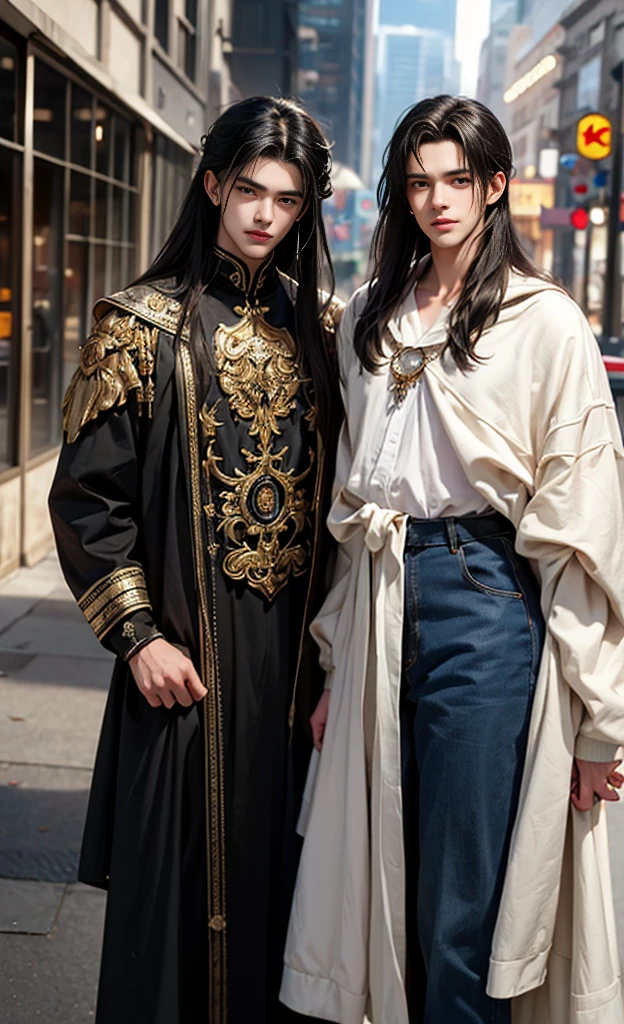 ((best quality)), ((Masterpiece)), (details), ((perfect face)), ((half body)) handsome face, man, age boy, perfect proportions , and his lover, long hair, man version , details workshop background, detailsscenery background