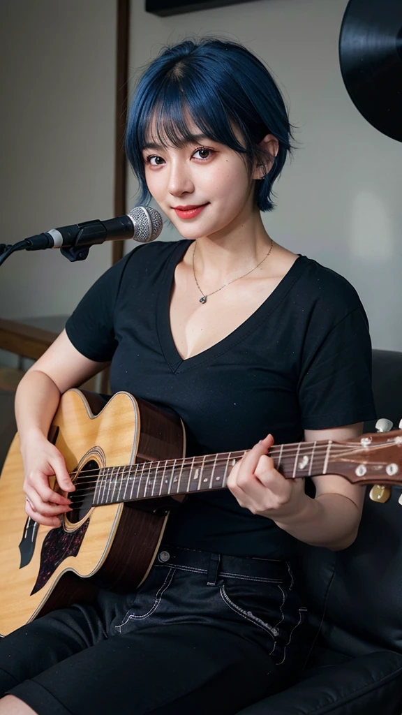 ((best quality)), photorealistic, photorealism, Photorealistic, high resolution, ((Wearing black shirt, short pants))、smile、A superb beauty、Super cute、ennui、Rare beauty、Very Short hair、Black Dark Eyeshadow、Sad、white skin、pale skin, Very short hair layered、Cute Makeup、Cute Smile、Fragrant beauty、Music studio background、Mastepiece、Best Quality、Refers to 5 books、Sweat glistening on my chest、Sweat glistening on my face、Medium breasts、Blue hair、Age 20 years old、Mysterious look、A sad expression、Blue Hair、Glamorous music studio、Sweating profusely all over the body、Plenty of sweat glistening on the thighs、A large amount of sweat glistens on my thighs、Sweating profusely、Gal、Medium breasts、Beautiful face、Alluring expression、Sitting、Sitting playing guitar、Thick thighs、Playing guitar、I have a guitar、Sing a song enthusiastically、Playing guitar in a band、Rock band、Playing guitar chords、Live House Background、Sing a song、Open your mouth、Live house scenery、Glamorous live stage、Dynamic Angle