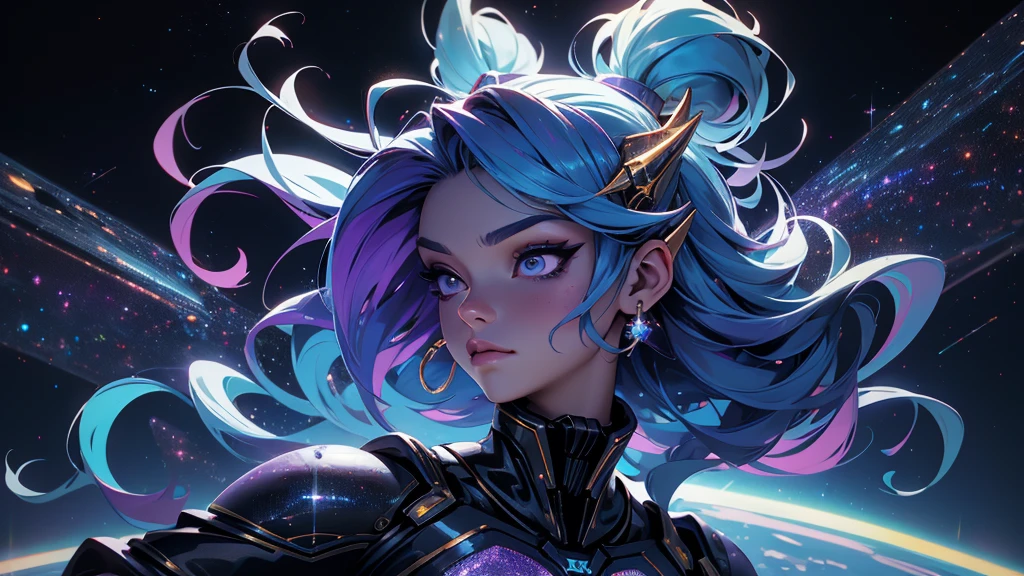 A space dragon sitting at the edge of the universe, lonely, sad, void, stars, the stars mixed in the sea, a sea of stars, ethereal woman, Blue and purple hair , space buns, space outfit, white black and gold outfit, golden dragon horns and tail, space outfit, space suit, mass effect suit, perfectly drawn face, black dress, stars detailed background, prismatic lighting, glitter, whole body, walking on the stars with crystal shoes A beautiful dragon humanoid woman with space hair of variant shades of blue and purple with space buns in hair , Golden scanes on the face and shoulders, Anime, 4k, Beautiful woman with a golden dragon tail and horns, Space hair, Floating in space, Vintage space Attire, floating through space, dancing, havign fun, Space Witch, Witch, Older woman, Toned physique, full body