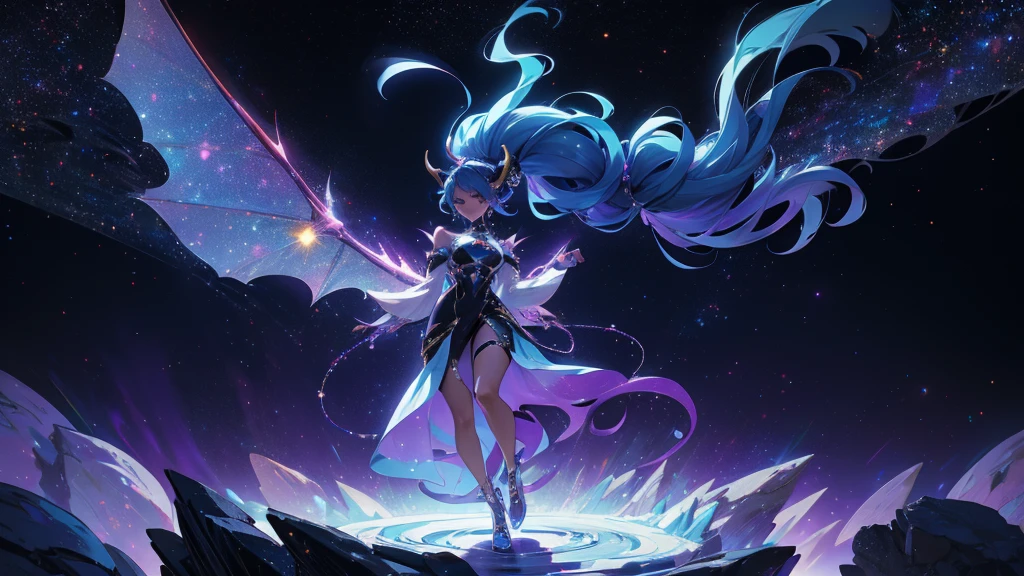 A space dragon sitting at the edge of the universe, lonely, sad, void, stars, the stars mixed in the sea, a sea of stars, ethereal woman, Blue and purple hair , space buns, space outfit, white black and gold outfit, golden dragon horns and tail, space outfit, space suit, mass effect suit, perfectly drawn face, black dress, stars detailed background, prismatic lighting, glitter, whole body, walking on the stars with crystal shoes A beautiful dragon humanoid woman with space hair of variant shades of blue and purple with space buns in hair , Golden scanes on the face and shoulders, Anime, 4k, Beautiful woman with a golden dragon tail and horns, Space hair, Floating in space, Vintage space Attire, floating through space, dancing, havign fun, Space Witch, Witch, Older woman, Toned physique, full body