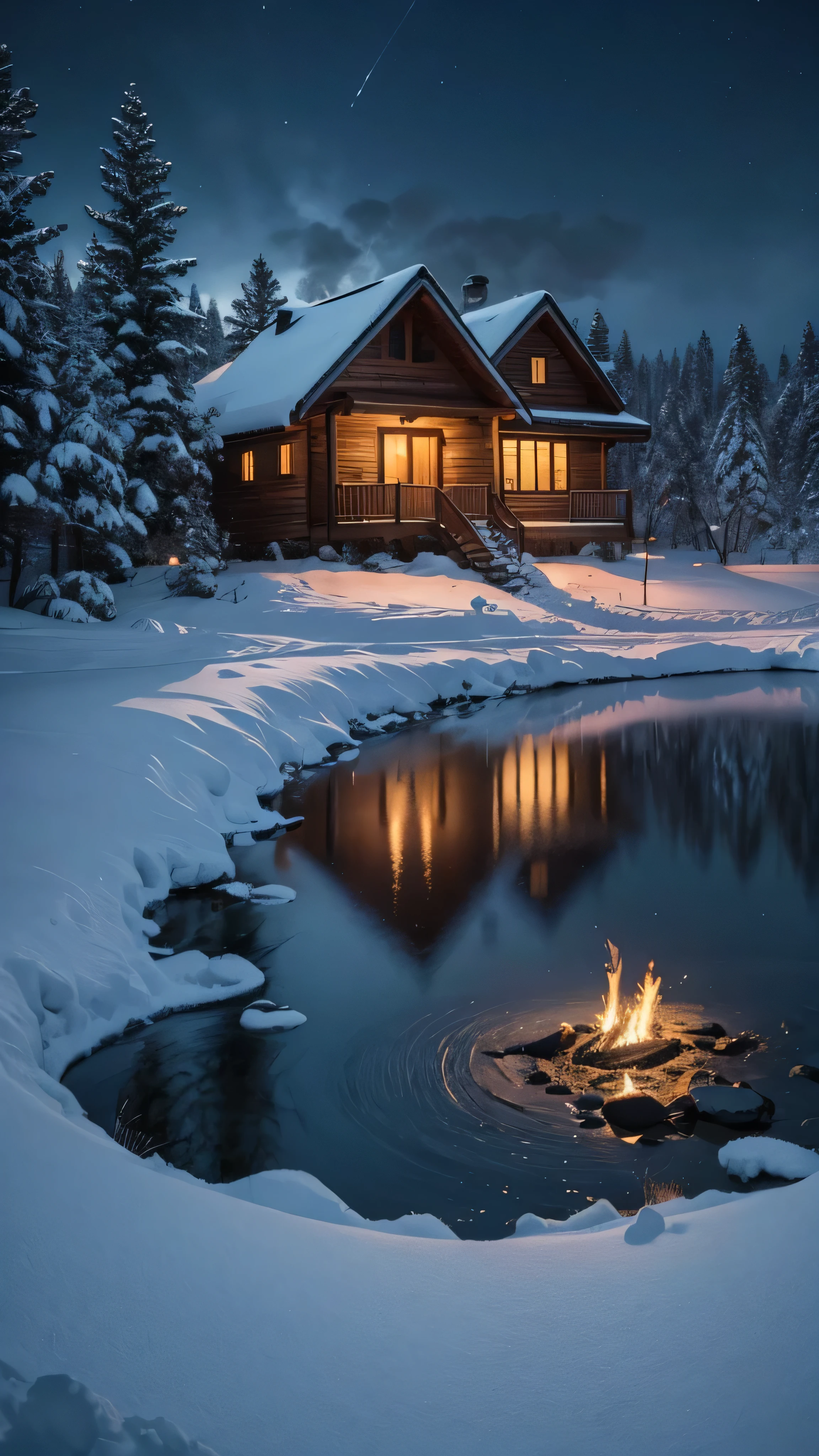 Winter, night, blizzard, wooden house, fire, lake, pine trees