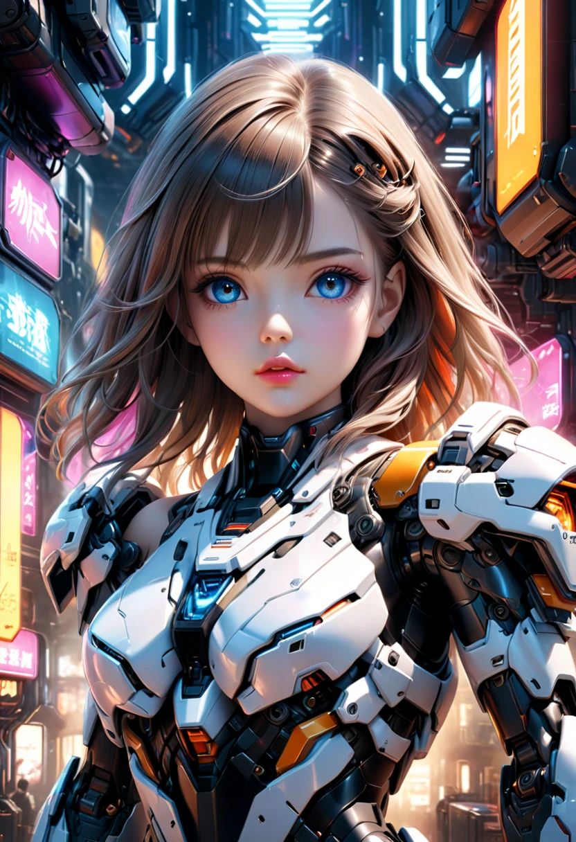 A photorealistic portrait of a beautiful 20-year-old girl wearing a white off-shoulder sci-fi armor, her entire body is shown, looking directly at the viewer, in a futuristic sci-fi setting with mecha elements, (best quality,4k,8k,highres,masterpiece:1.2),ultra-detailed,(realistic,photorealistic,photo-realistic:1.37),detailed eyes,detailed lips,extremely detailed face,long eyelashes,intricate mecha details,advanced technology,neon lights,cinematic lighting,vibrant colors,dramatic shadows