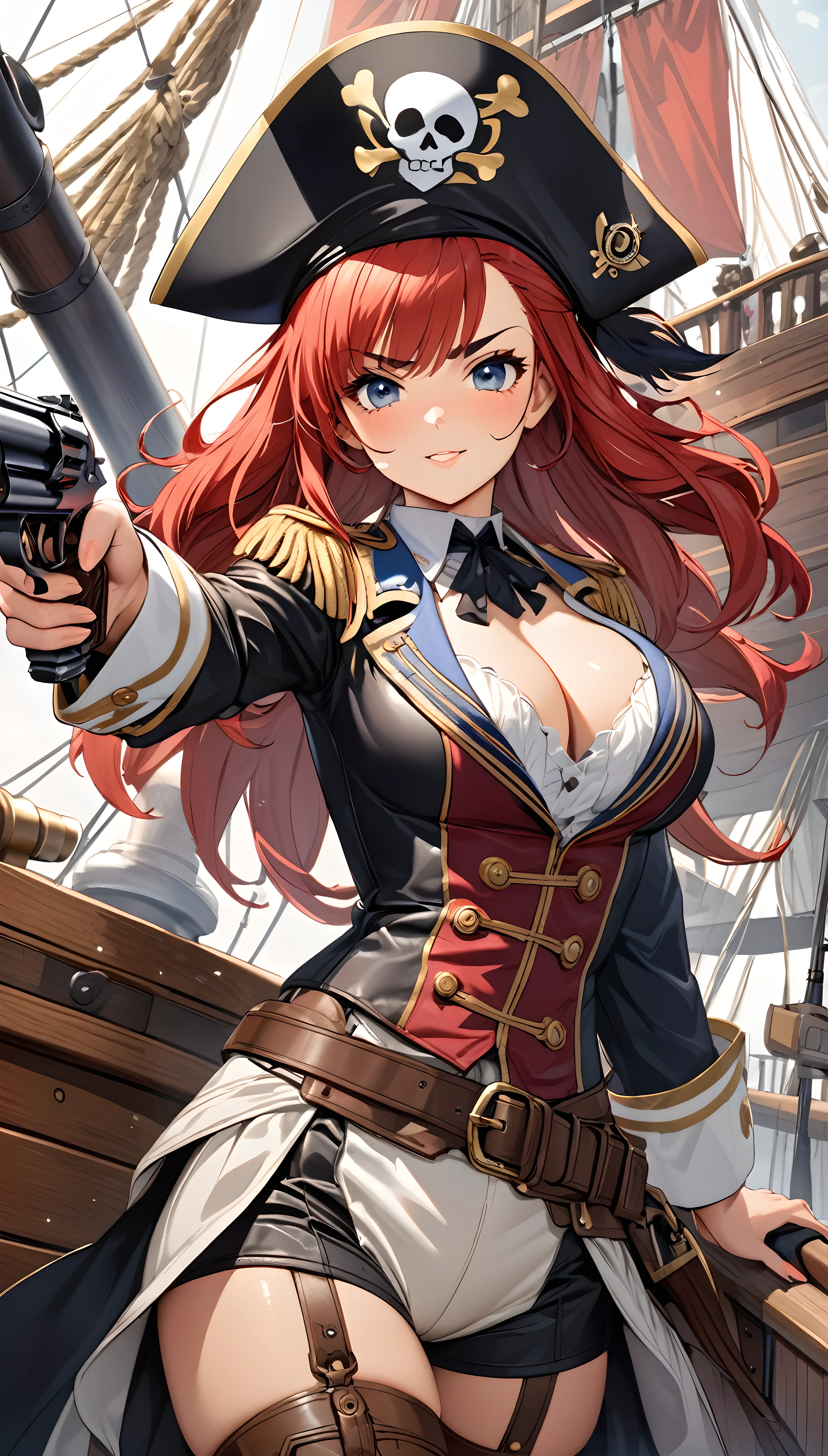 Antique Pirate Style, Female captain, BREAK Luxury Sailing Ship, A luxurious combat-focused pirate ship, Equipped with a long-range, highly destructive cannon, Ultra-high performance, Top quality wooden hull, BREAK The Red-haired Seductive Captain, Caribbean Admiral, Sexy captain outfit, Tight leather texture that accentuates the body line, Western style pirate costume, Retro high performance pistol, Antique Weapons, BREAK Detailed and elaborate, Absurd aesthetics, Ultra-realism using transparency, Delicate brushwork, Very fine lines, BREAK Detailed and attractive skin texture, Tanned and shiny skin, Alluring cleavage, Bouncy Body, Squeaky costume, A gaze that captures the viewer, BREAK: Seductive, clear eyes, Fine eyebrows, A strong and fleeting expression, BREAK dynamic shot, Adult sex appeal that seduces viewers, BREAK Transparent full color CG, Sense of presence, Love and tension, Serving Ecstasy, Point a gun at the viewer, Smoke from the gun barrel♡,