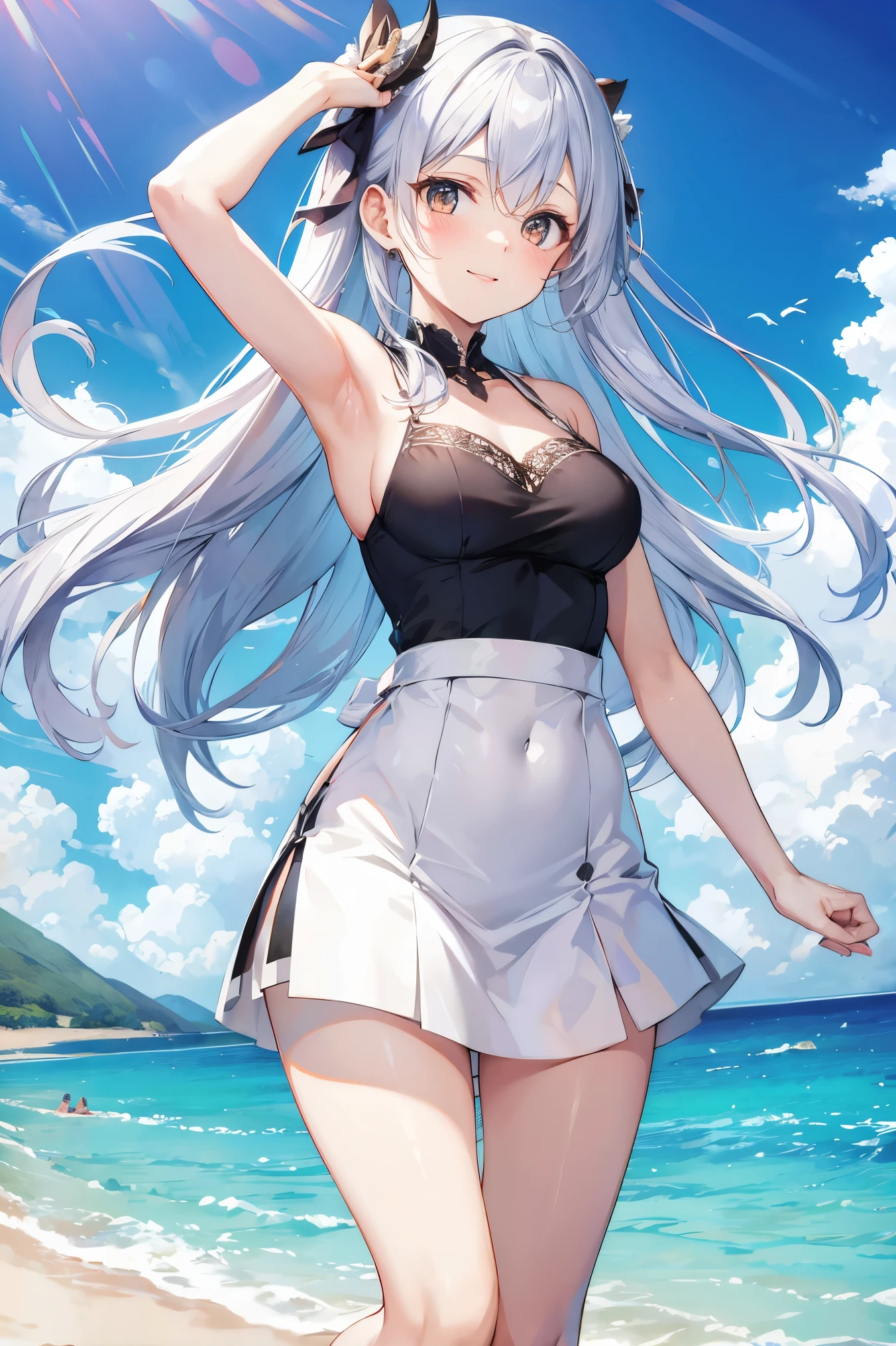 A beautiful goddess，Happy expression，Silver hair，JK，Stockings，beach