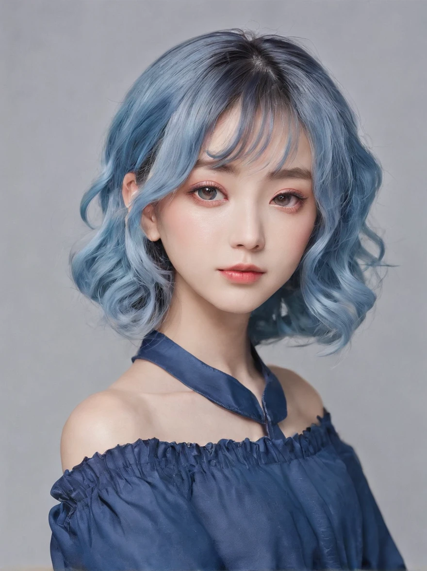 ((higher quality picture)), Japanese girl, beautiful girl, clear, cool, softly smiling, blue hair, natural Curly Hair, fashion model, simple dress,