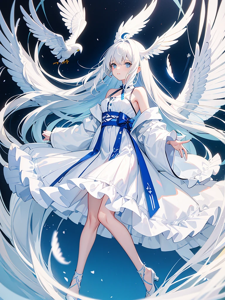 Blue Ribbon, white hair, long hair, wing hair, White wing, off the shoulder coats, white Short dress, full body, concept art