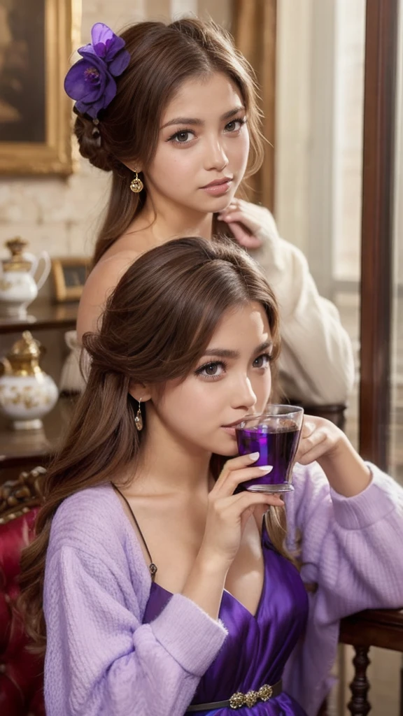 Brown haired woman, Violet Eyes, Violet Dress, Victorian dress, Royalty, noble, Drinking tea with a woman