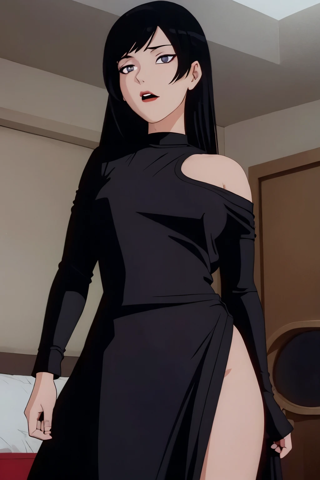 Ultra realistic, 16k, Goth girl, Vampire, dark supernatural vibe, cinematic lighting, ultra realistic, high quality, 16k, Alonea, sexy, seductive eyes look, looking at viewer, indoors, gigiandalucia, 1 hot girl, long black hair, clear eyes, pale-white skin (illuminated), lipstick, capelette, goth makeup, neckband, natural medium breasts, big hips, thick legs, naked, realistic shading, different sensual poses, erotic, bedroom background, blurred background, depth of field, dream atmosphere, vampire gothic aesthetic