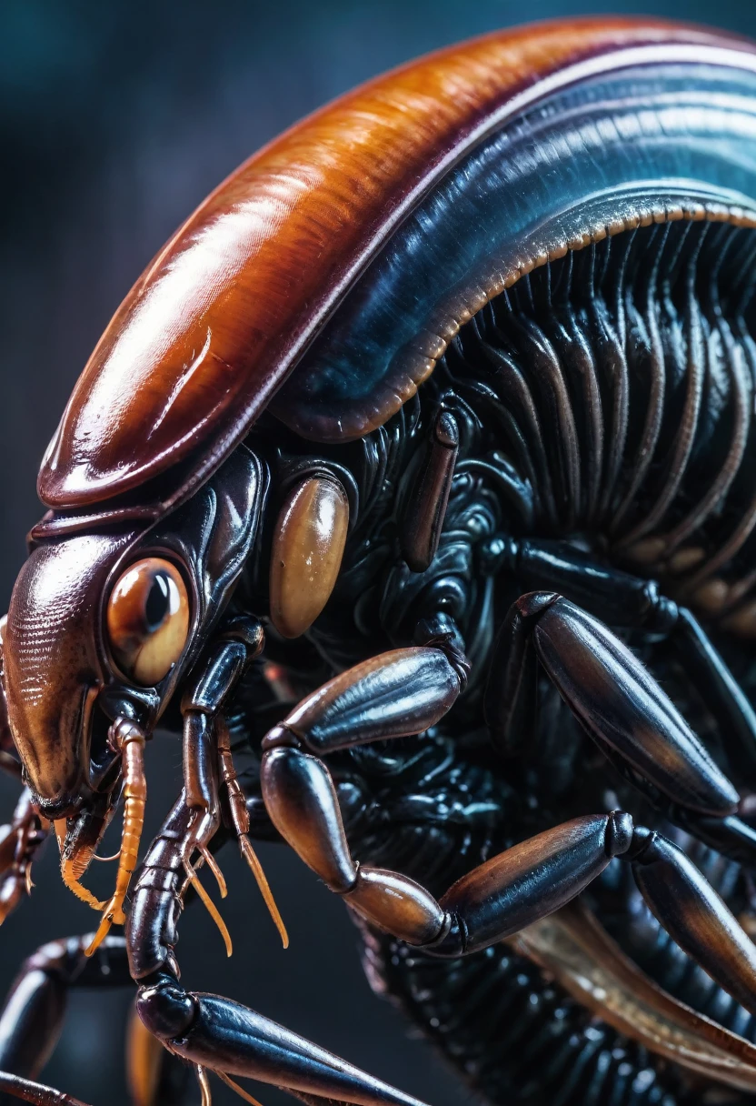 (((Extreme close-up Xenomorph Alien the eighth passenger fusion Cockroach hybrid surreal and cinematic images Color Splash images)),(((Front Images)))
