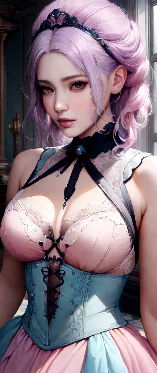 Realistic, (masterpiece:1.4, best quality), (intricate details), unity 8k wallpaper, ultra detailed, (pastel colors:1.3), (lace) underwear and corset, beautiful and aesthetic, 1girl, detailed, solo, Victorian mansion