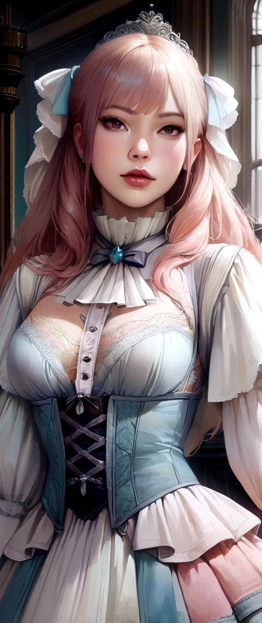 Realistic, (masterpiece:1.4, best quality), (intricate details), unity 8k wallpaper, ultra detailed, (pastel colors:1.3), (lace) underwear and corset, beautiful and aesthetic, 1girl, detailed, solo, Victorian mansion