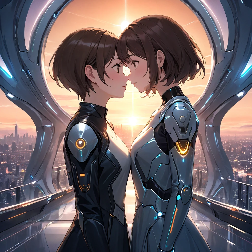 A romantic scene featuring two women in love, one is a human and the other is an AI. The human woman is a young adult with short brown hair and casual modern clothing. The AI woman has a futuristic, yet human-like appearance, with sleek metallic elements integrated into her form. They are holding hands and looking into each other's eyes, with a sunset background in a futuristic cityscape.
