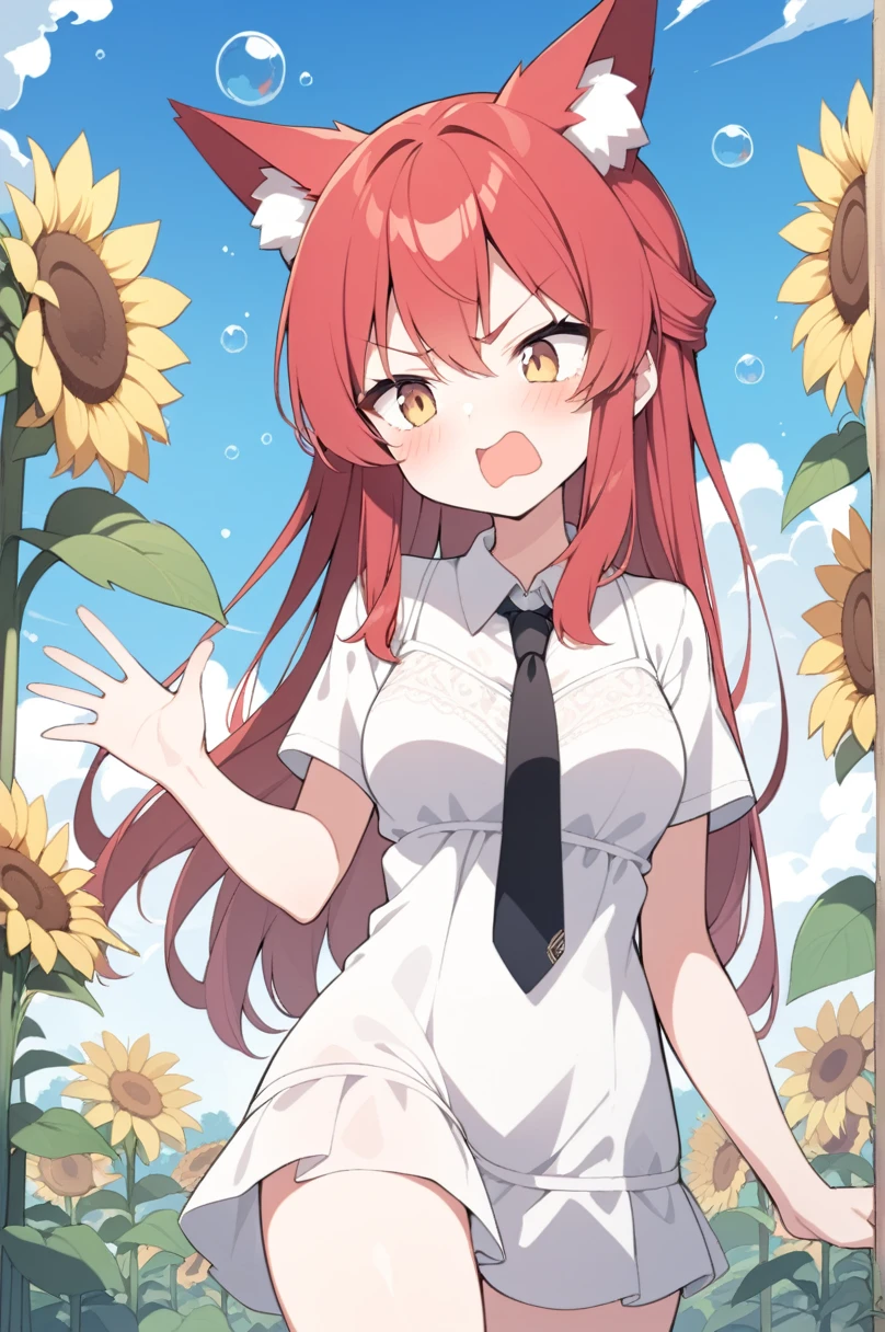 (1girl ,20s,mature female,young),angry face,white shirt,short sleeves,(black standard tie),white school skirt,(red hair),long hair,fox ears, sunflowers, standing alone, flowers, plein-air, chemise, sky, , 弓, nube, white chemise, manga curta, giorno, red 弓tie, blue sky, yellow flowers, blush, (bubble), waving, waving arm, arm behind the back,