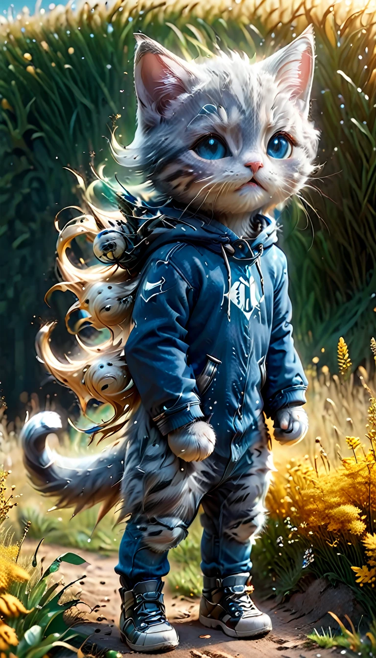 Highest quality, detailed, hyper detailed, beautiful, 8K, Absurd, village, kitten, Happy, smile, Are standing, If you look to the right, Gray Hair, blue eyes, Little, plump, hoodie, jeans, 5 year old, In the grassland, in the afternoon, Fantasy, Realistic, Ultra-realistic photos, 3D Rendering, Personification, Full Body Shot, Right side, A broad perspective, Three-part method, noon, Shining Light, Dramatic lighting, Volumetric lighting, Depth of written boundary, Dramatic contrast, Dark Goldenrod
