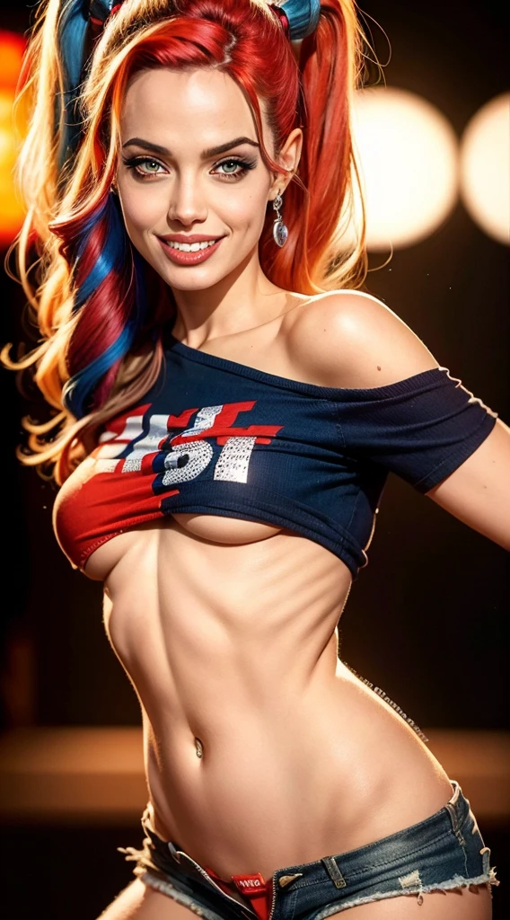 full-length portrait) Beauty Harley Quinn, red and blue hair, bellybutton, pretty face, (Detailed Face), earphones, (Detailed eyes with a perfect round iris), mischievous smile, Daring pose, [Piercings and tattoos], Short shorts,(detailed clothes), Joe Madureira's masterpiece, inspired by Magali Villeneuve, Anne Stokes, Luis Royo and WLOP, 8K Ultra HD, insanely ultra-realistic, (High Detail RAW Color Photo, Professional photo, Large photo, Studio image), Cool figure (the perfect body), (a perfect face)