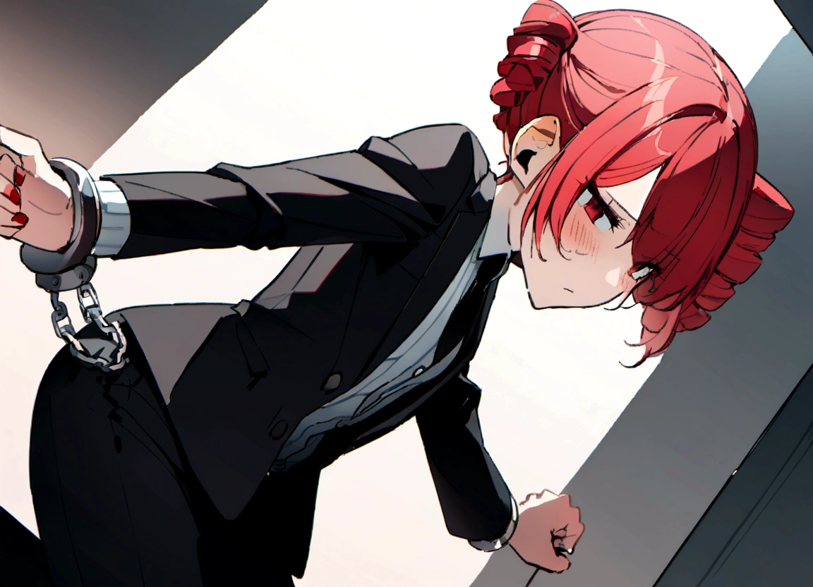 Red hair、Black suit、Black slacks、Wearing leather shoes、Handcuffed
