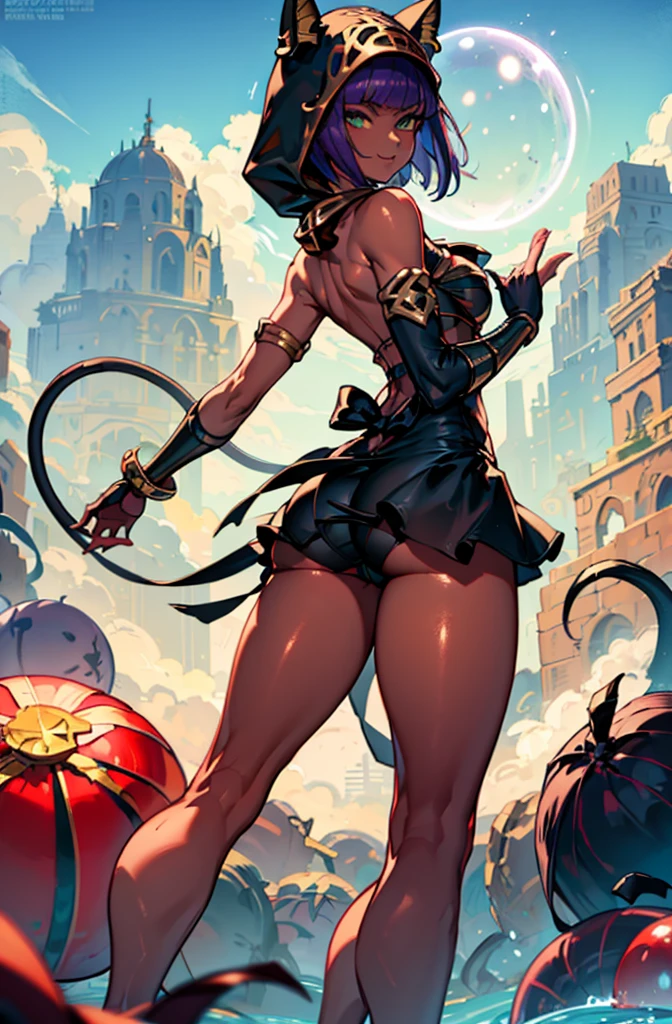 Masterpiece, best quality, absurdres, 1girl, beautiful legs, menat_holiday, light smile, dark skin, Green eyes, egyptian, bob cut, red dress, (black hood), black gloves,(shiny thighs),, tail, bell, bare shoulders,sexy thighs,(((beautiful leg))),solo,panty shot,evil smile,from behind,back shot,ass,ass focus