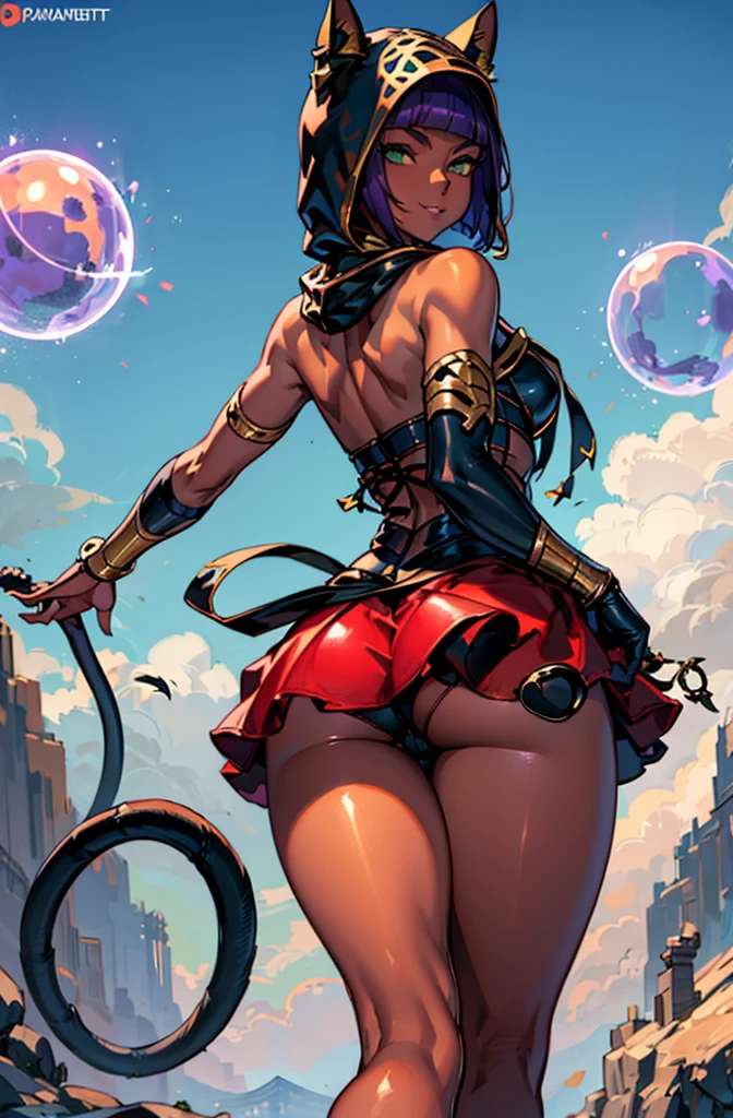 Masterpiece, best quality, absurdres, 1girl, beautiful legs, menat_holiday,  light smile, dark skin, Green eyes, egyptian, bob cut, red dress, (black hood), black gloves,(shiny thighs),, tail, bell, bare shoulders,sexy thighs,(((beautiful leg))),solo,panty shot,evil smile,from behind,back shot,ass,ass focus