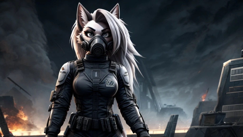 Loona from Helluva Boss, female white wolf, anthro, short white hair, grey eyes, juggernaut ballistic reinforced combat suit, full face gas mask with visor, standing, serious, detailed, solo, beautiful, high quality, 4K