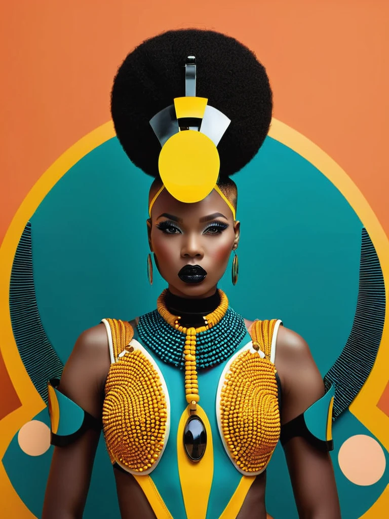 Afrofuturist mode photography, capturing the essence of Afrocentric style and futuristic esthétique in stunning visual Récits, mode:1.4, esthétique:1.3, Récits:1.2. , afrofuturisme