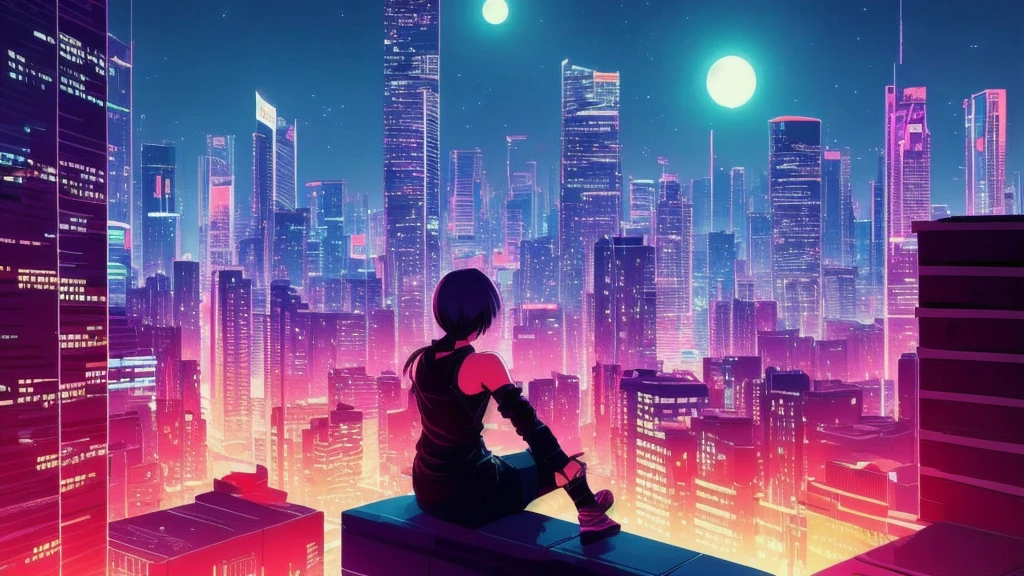 anime girl sitting on a ledge looking at the city at night, Ilya Kuvshinov的风景, 数字艺术 Ilya Kuvshinov, inspired by Alena Enami, by Alena Enami, Alena Enami的艺术, Cyberpunk atmosphere, RGB color and vibration, Neon city in the background, artistic. Alena Enami, Ilya Kuvshinov.