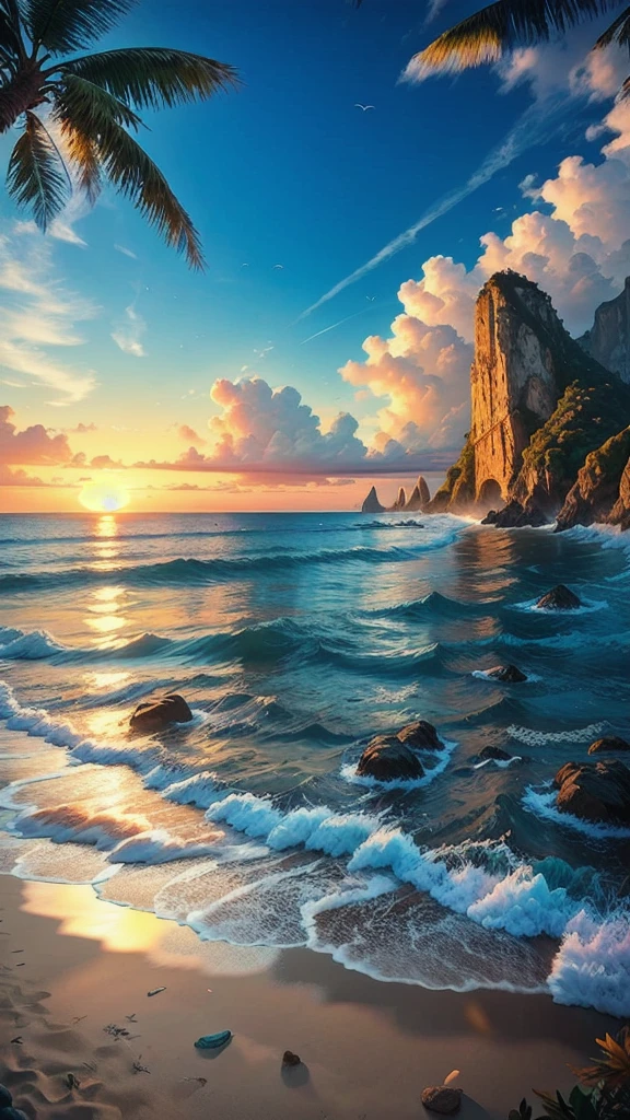 Practical, Hyper-Realistic Rendering in Unreal Engine 5.2, aspect ratio 16:9. Sunrise,Embrace the picturesque beaches, The horizon is glittering with the brilliant colors of dawn. wave, Rich foam and dazzling luster, Hitting the coast, Their white crowns illuminate the pebbles below. The beach is surrounded by towering coconut trees, The leaves sway gently in the morning breeze. The whole scene is illuminated by golden sunlight, casting long, Dramatic shadows stretching across the beach.
In the distance, The blue sky gradually turns into a peaceful ocean, dotted with