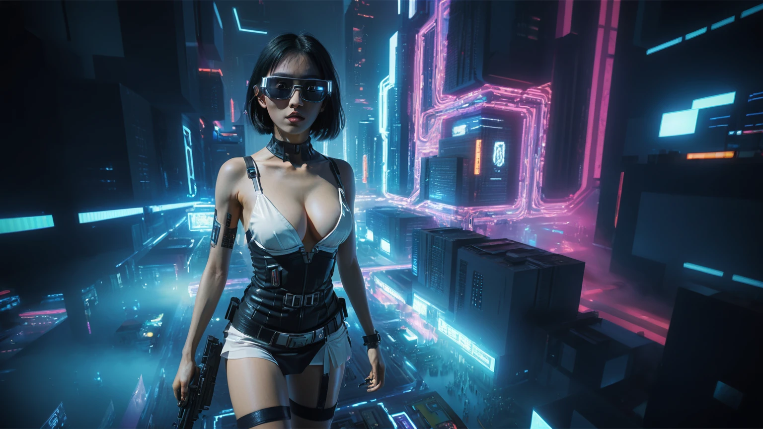 Cyberpunk female plagiarist immersed in digital theft, neon-lit alias within a vast online labyrinth, grotesque grunge brushing into surrealism, illuminated by kaleidoscopic volumetric light, a detailed masterpiece reminiscent of Moebius' distinctive style, deep focus, heightened depth field, psychedelic undertones amplified in a cinematic shot, (((((aerial view of cyberpunk city at night))))), (((((1girl, solo, alone))))), photo realistic, (((((large-breast:1.4 slim body, cleavage:1.4))))), (((off broken mini sling-shirt and black sling bra, (((extreamly short white pleated miniskirt, micro panty)))))), (((((running pose))))), (((((((matrix style black micro sunglasses))))))), ((((((((((aiming with a short gun)))))))))), (((((looking at camera))))), (((very low view))), (((((half-body thigh level medium shot))))), (((cinematic lighting))).