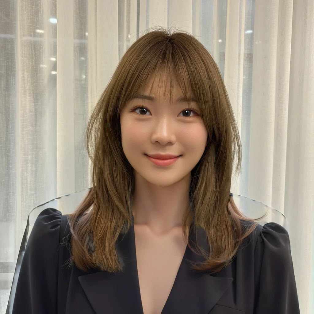 Best Quality, 8k, Masterpiece, (Portrait: 1.3), (photo realistic:1.4), (hyper realistic:1.4), Sharp Focus, looking at viewer, (smoother lighting:1.1), (increase cinematic lighting quality:0.9), realistic lighting, backlighting, light on face, ray trace, (brightening light:1.2), (Increase quality:1.4), sharp detail, (best quality real texture skin:1.4), finely detailed eyes, black_eyes, finely detailed face, 25 year old Korean woman, (black dress_shirt:1.4), (Create an image maintaining the original base model hairstyle:1.5)