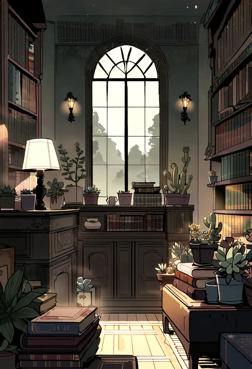 In this enchanting and interactive animated illustration, a gloomy, grandparent-inspired living room comes to life. A bookshelf dominates the scene, filled with an assortment of potted succulent plants, coffee cups, and old, leather-bound books. The central focus is the text 'Books, Plants & Coffee', elegantly displayed in a vintage font. A misty, gothic atmosphere hangs in the air, with the room bathed in soft, eerie lighting. The floral theme is subtly woven throughout, as the succulents and book bindings feature delicate, intricate floral patterns. The whole design is captivating, drawing viewers into the mysterious, vintage world of books, plants, and coffee.