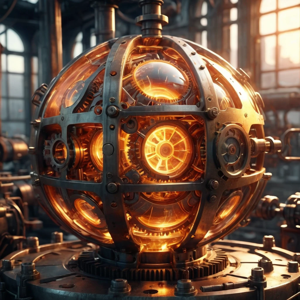 a steampunk fiery sphere landscape, industrial mechanical elements, vintage retro-futuristic aesthetic, highly detailed, intricate gears and pipes, dramatic lighting, vibrant colors, (best quality,4k,8k,highres,masterpiece:1.2),ultra-detailed,(realistic,photorealistic,photo-realistic:1.37),steampunk,futuristic,cinematic,dramatic,intricate,complex machinery,glowing lights,metallic textures,warm colors,dramatic shadows,moody atmosphere