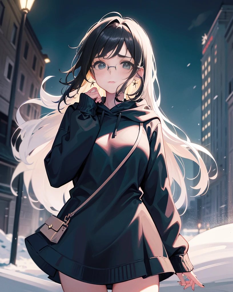 Best quality, volumetric lighting, cinematic lighting, masterpiece, ultra high res, 4k, (soft round detailed face), (sad expression), (detailed green eyes), bags under eyes, thick eyebrows, depressed, melancholy, (wearing rounded glasses), (very pale light skin), detailed black hair, ((long messy greasy hair)), (plain black hoodie), black stud earrings, black nail varnish, unwashed, unkempt, disheveled, sodium streetlamps, midnight, dark clouds, London, snow