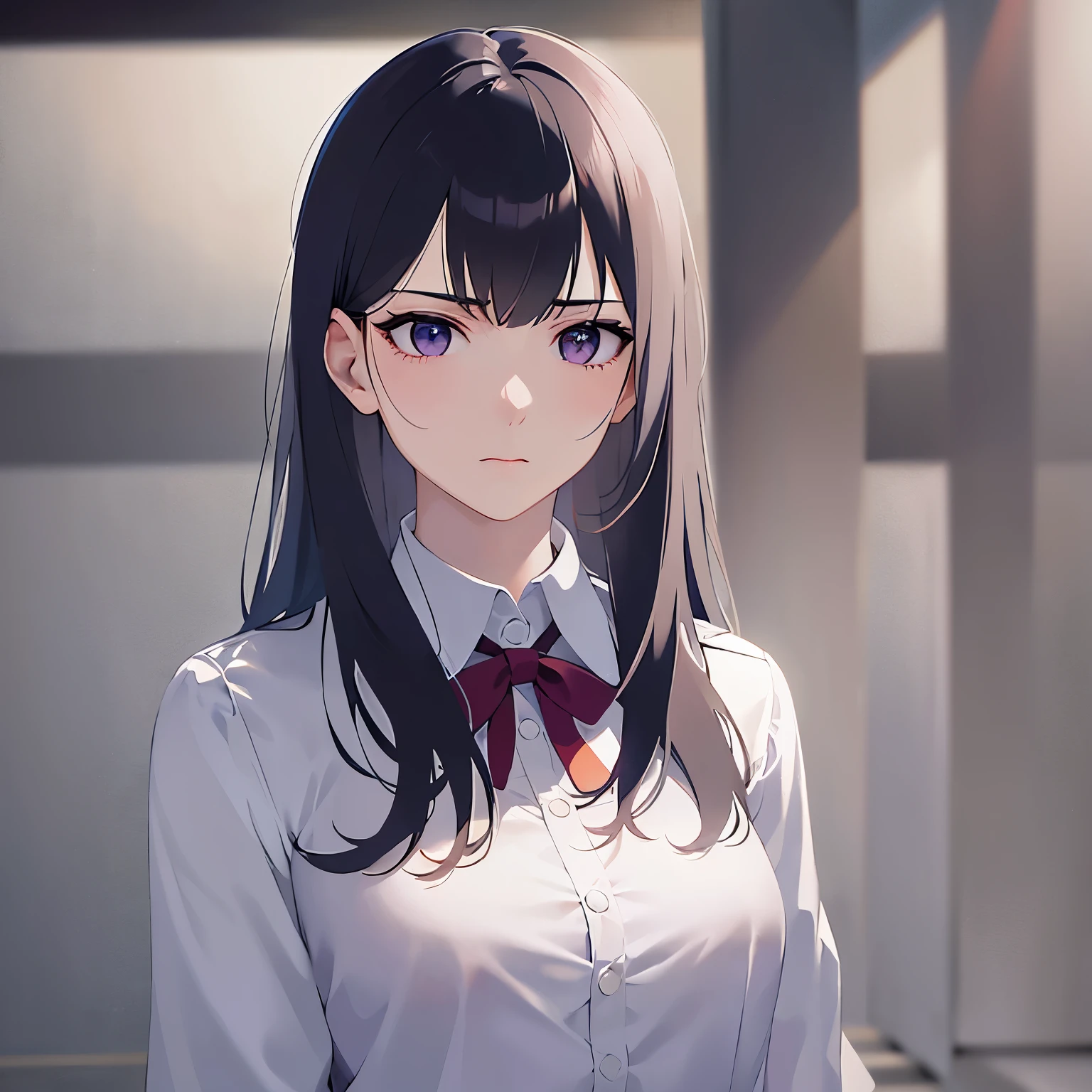 Detailed CG,Ultra-fine illustrations,masterpiece,Highest quality,AW Photos,Realistic,Upper Body,BREAK(White collared shirt:1.5)BREAK,(Pale skin:1.2),Shiny skin,Shiny Hair,(A 26-year-old woman with straight hair and bangs)and(Medium Hair)and(Black Hair)and(Purple eyes),(scowl:1.3),The background is the company lobby.,Alone,(looking away:1.5),Are standing