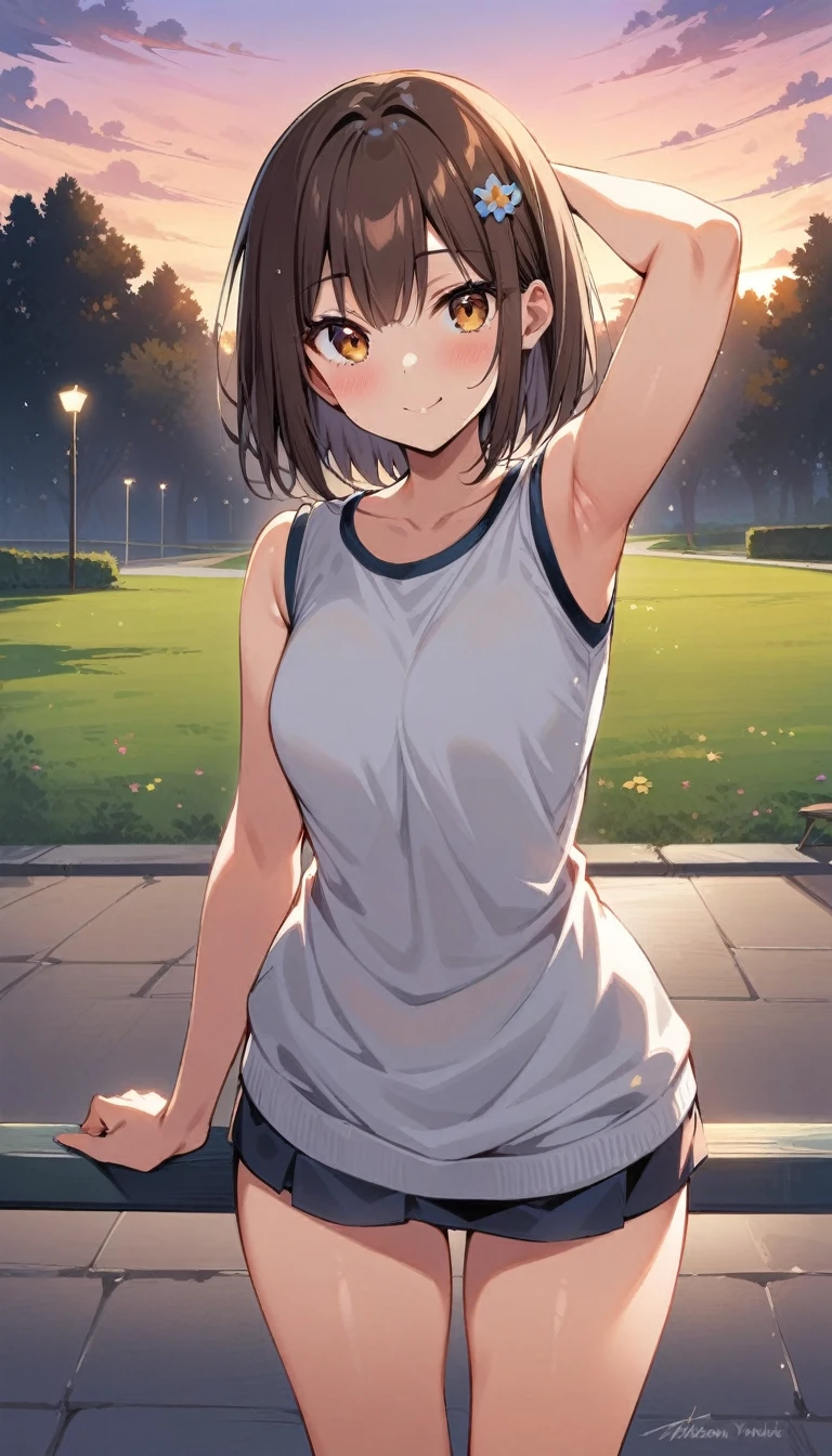 (Masterpiece, Best Quality:1.2), 1 girl, Alone,standing_to divide, Mikan Yuuki, Brown eyes, Brown hair, hair ornament,short hair, short dress, evening, park, pose kawaii, happy face

