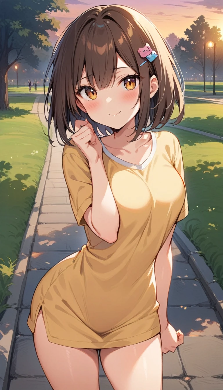 (Masterpiece, Best Quality:1.2), 1 girl, Alone,standing_to divide, Mikan Yuuki, Brown eyes, Brown hair, hair ornament,short hair, short dress, evening, park, pose kawaii, happy face

