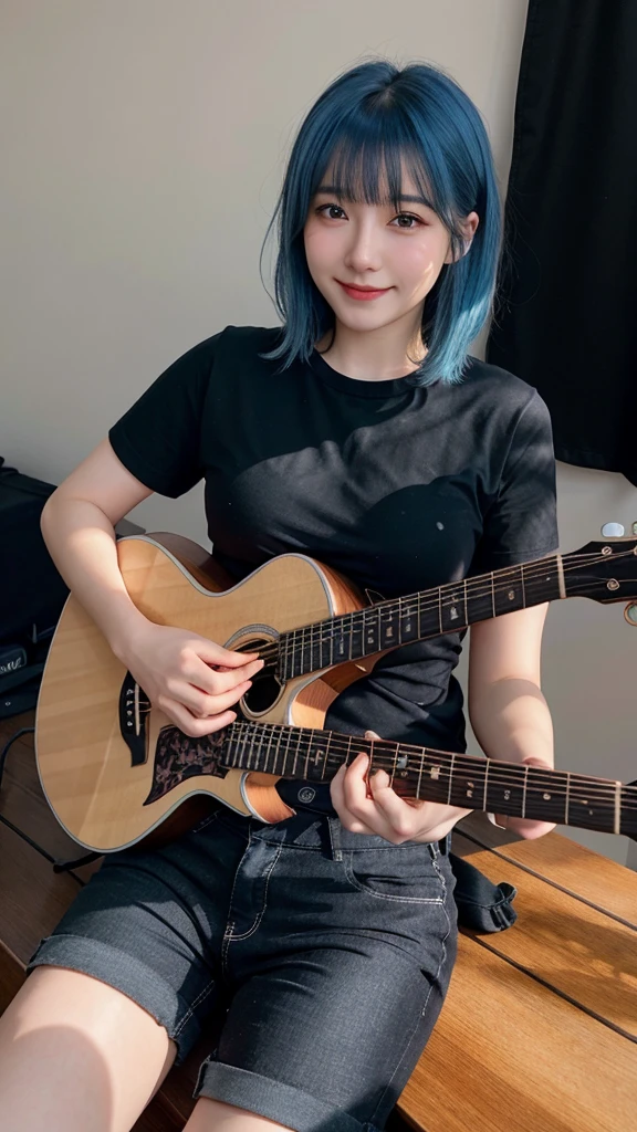 ((best quality)), photorealistic, photorealism, Photorealistic, high resolution, ((Wearing black shirt, short pants))、smile、A superb beauty、Super cute、ennui、Rare beauty、Very Short hair、Black Dark Eyeshadow、Sad、white skin、pale skin, Very short hair layered、Cute Makeup、Cute Smile、Fragrant beauty、Music studio background、Mastepiece、Best Quality、Refers to 5 books、Sweat glistening on my chest、Sweat glistening on my face、Medium breasts、Blue hair、Age 20 years old、Mysterious look、A sad expression、Blue Hair、Glamorous music studio、Sweating profusely all over the body、Plenty of sweat glistening on the thighs、A large amount of sweat glistens on my thighs、Sweating profusely、Gal、Medium breasts、Beautiful face、Alluring expression、Sitting、Sitting playing guitar、Thick thighs、Playing guitar、I have a guitar、Sing a song enthusiastically、Playing guitar in a band、Rock band、Playing guitar chords、Live House Background、Sing a song、Open your mouth、Live house scenery、Glamorous live stage、Dynamic Angle