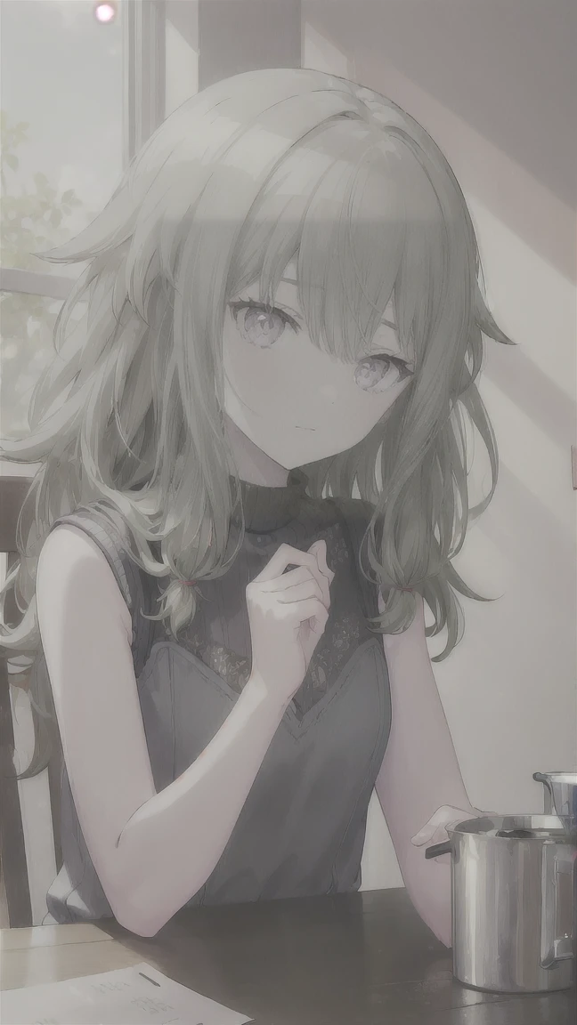 (masterpiece, Highest quality:1.6),Best image quality、Highest quality、Perfect lighting,masterpiece、、smile、Show your hand, Put your elbows on the table, Slap in the face、Chest close-up, , Sleeveless, Knitted sweater