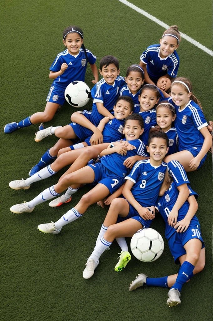 Happy with expressive look of happiness inside a soccer field boys and girls