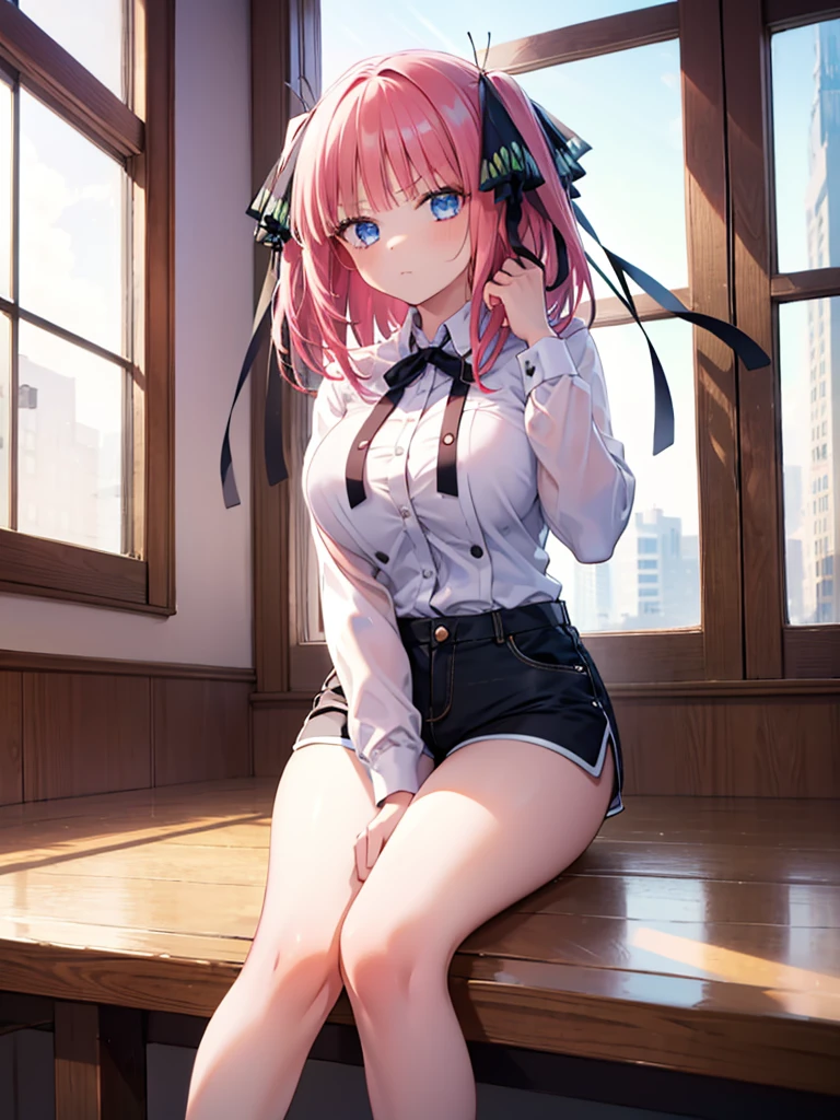 (8K, Highest quality, Highest quality, masterpiece), nn1, 1girl, hair ribbon, long hair, serious, short shorts, big breasts
