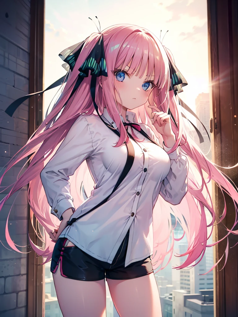 (8K, Highest quality, Highest quality, masterpiece), nn1, 1girl, hair ribbon, long hair, serious, short shorts, big breasts