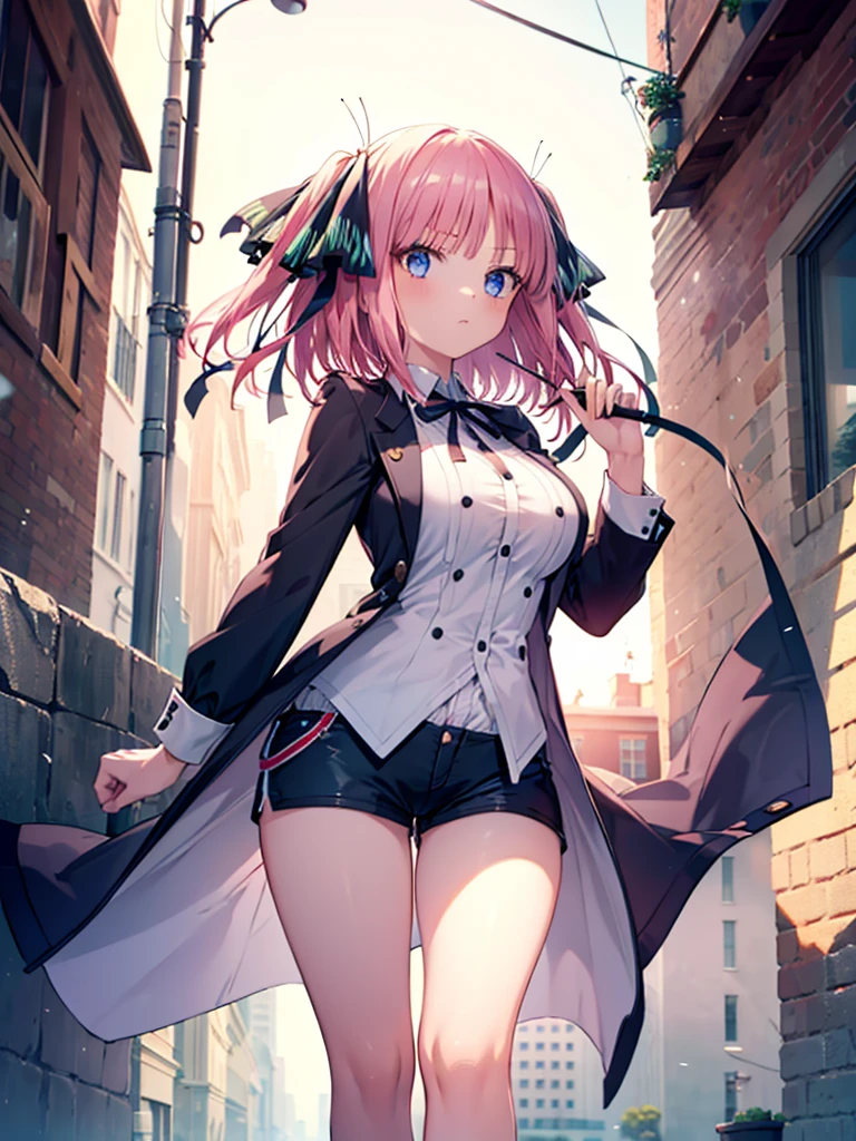 (8K, Highest quality, Highest quality, masterpiece), nn1, 1girl, hair ribbon, long hair, serious, short shorts, big breasts