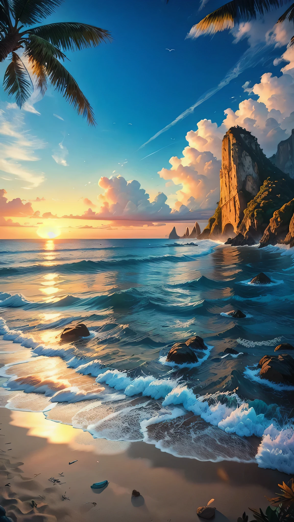 Practical, Hyper-Realistic Rendering in Unreal Engine 5.2, aspect ratio 16:9. Sunrise，Embrace the picturesque beaches, The horizon is glittering with the brilliant colors of dawn. wave, Rich foam and dazzling luster, Hitting the coast, Their white crowns illuminate the pebbles below. The beach is surrounded by towering coconut trees, The leaves sway gently in the morning breeze. The whole scene is illuminated by golden sunlight, casting long, Dramatic shadows stretching across the beach.

In the distance, The blue sky gradually turns into a peaceful ocean, dotted with