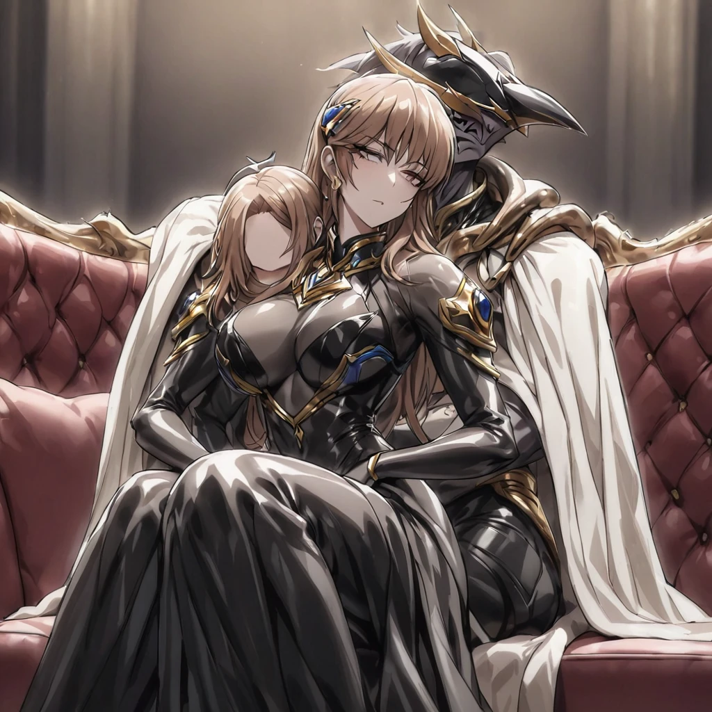 ((Highest quality)), ((masterpiece)), (detailed), (Perfect Face)、The woman is Princess Leona, with medium-long light brown hair, wearing a shiny, flashy, sexy, revealing black dress bodysuit, an open-front skirt, a cape, a headgear, lipstick and makeup, and is an evil female executive who is standing next to a man who is the dignified boss of an evil organization.、Women are brainwashed, expressionless, and have no highlights in their eyes.、The woman is being held close by the powerful boss of an evil organization.、A powerful male boss of an evil organization is sitting on a luxurious sofa, embracing a woman, kissing her and making love to her.