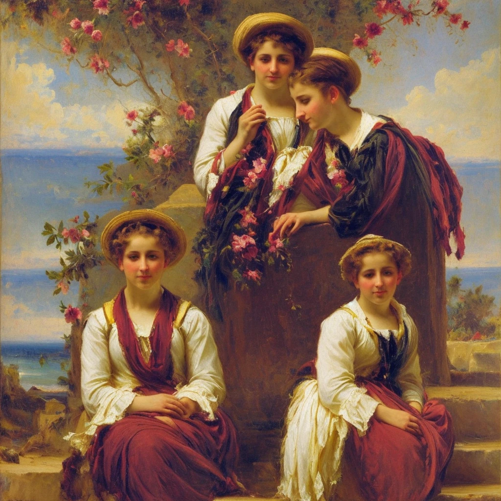 oil on canvas, a beautiful young pirate woman with resemblance to Mckenna Grace sitting with a parrot, on stone steps of an old lighthouse, smiling and looking at the camera, landscape of an epic afternoon , flowers adorn his head, natural lighting, style of william-adolphe bouguereau