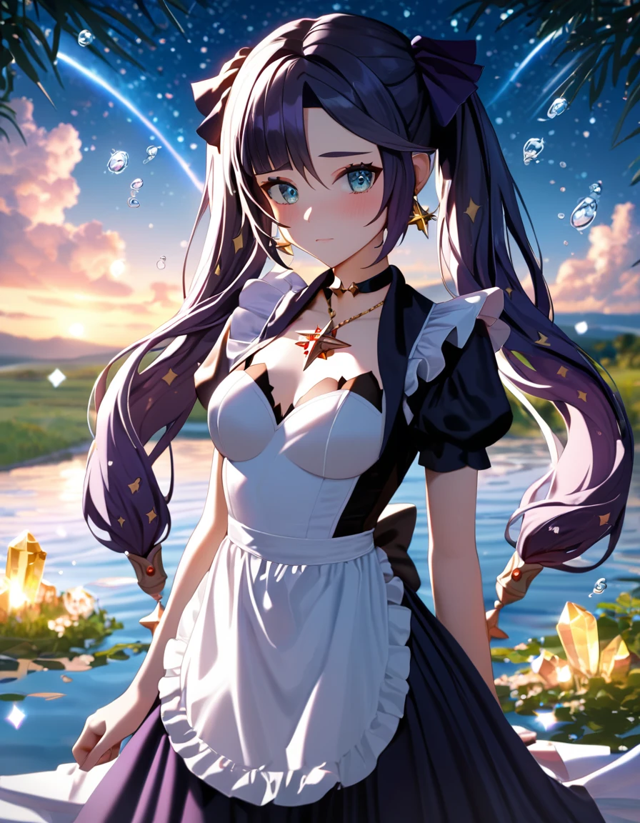 score_9, score_8_up, score_7_up, girl, located in the corner, looking at the sky, solo, Mona (Genshin Impact), choker, hair between eyes, star (symbol), long hair, dark purple hair, twintails, blue eyes, shining eyes, jewelry, witch, maid, bangs, purple black dress, purple skirt, white apron, landscape, night sky, star (sky), starry sky, night, outdoor, clouds, reflection, water, magic, tarot, water magic, ((beautiful golden crystal star)), space, water droplets, splash, expressionless, blush, embarrassed, masterpiece, best quality, highres, 1080P, HD, 4K, 8k, 16k