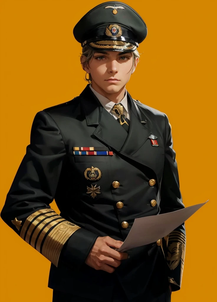 (1girl:1.3), (exceptional, best aesthetic, new, newest, best quality, anime, waifu:1.2), master piece, best quality, ultra detailed, absurdres, highres, colored, good anatomy, pretty face, grey curly hair, no beard, no mustache, big breast, sexy, military uniform, peak cap, ribbon, eagle insignia, eagle insignia on the cap, shirt buttons, holding paper