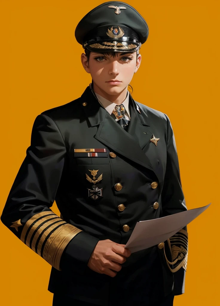 (1girl:1.3), (exceptional, best aesthetic, new, newest, best quality, anime, waifu:1.2), master piece, best quality, ultra detailed, absurdres, highres, colored, good anatomy, pretty face, grey curly hair, no beard, no mustache, big breast, sexy, military uniform, peak cap, ribbon, eagle insignia, eagle insignia on the cap, shirt buttons, holding paper