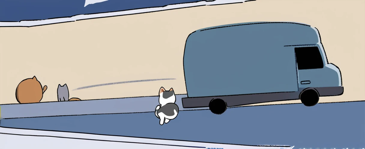 cartoon of a truck with a cat in the back and a cat in the back, animation still screencap, a cat, videogame still, animated still, drawn with photoshop, ninja cat, running cat, cat jumping to the truck